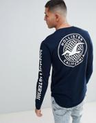 Hollister Checkerboard Back Print Logo And Sleeve Logo Long Sleeve Top In Navy - Navy