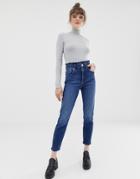 Asos Design Farleigh High Waisted Slim Mom Jeans In Mid Wash Blue With Frill Waist Band