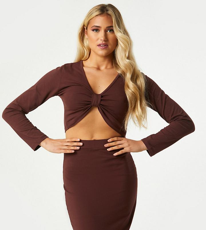 Outrageous Fortune Exclusive Knot Front Crop Top In Chocolate-brown