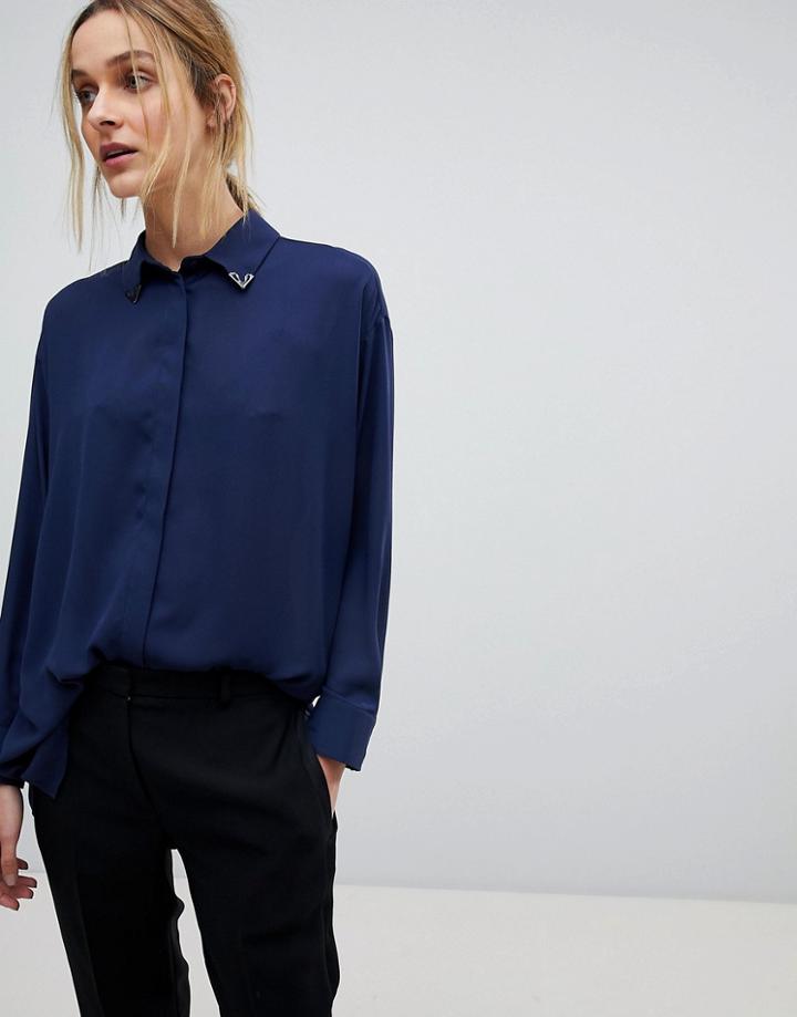 Asos Longline Blouse With Collar Tip Detail - Navy