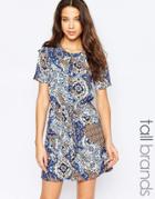 Influence Tall Drawstring Waist Shift Dress In Azure Glass Print - Multi
