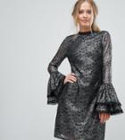 Little Mistress Metallic Cutwork Lace Swing Dress With Fluted Sleeve Detail-silver