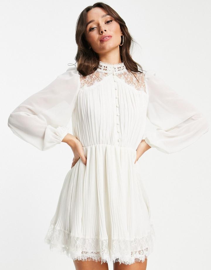 Asos Design Lace Insert Pleated Mini Dress In Ivory-white