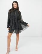 Asos Design High Neck Mini Dress In Jacquard Chiffon With Tie Detail-black