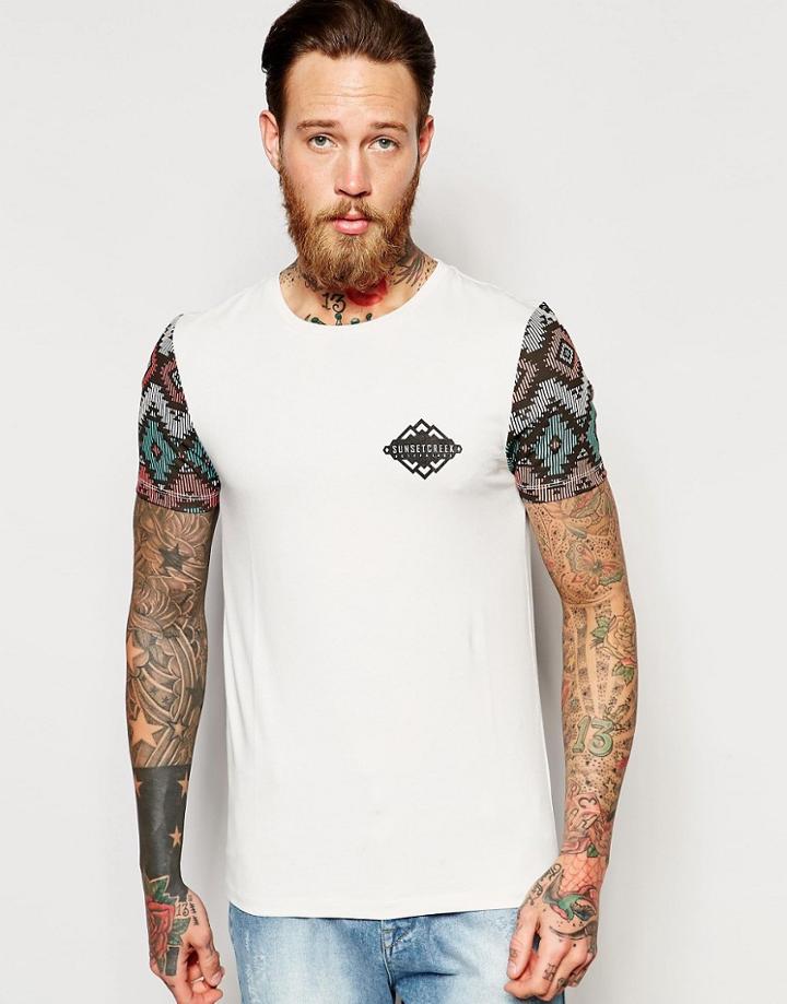 Asos Muscle T-shirt With Geo-tribal Sleeves And Chest Print - Nimbus Cloud