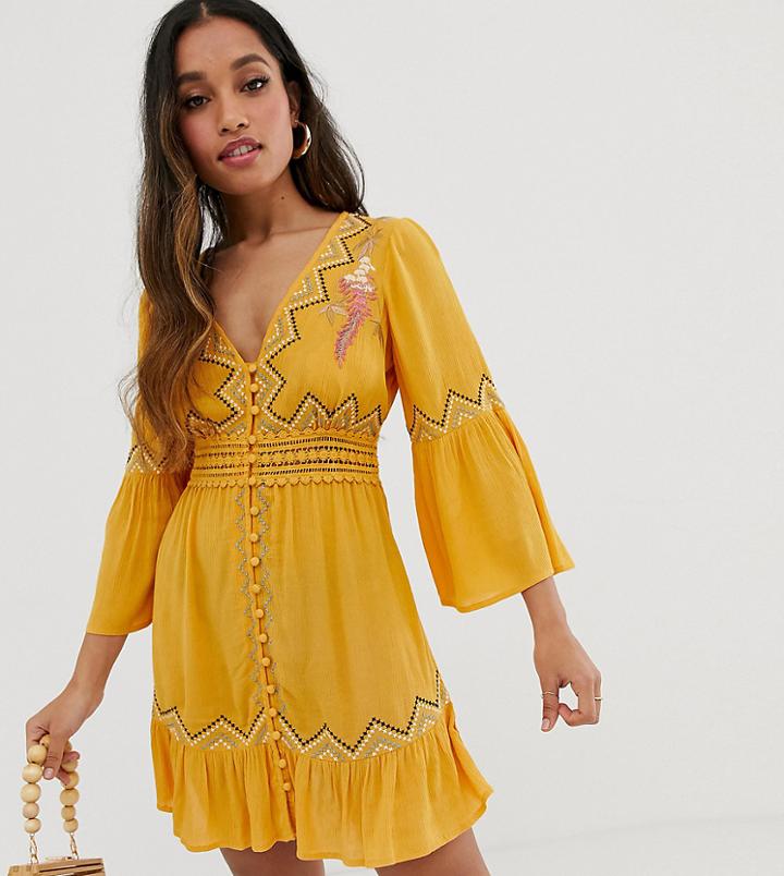 Asos Design Petite Lace Insert Mini Dress With Embroidery - Yellow
