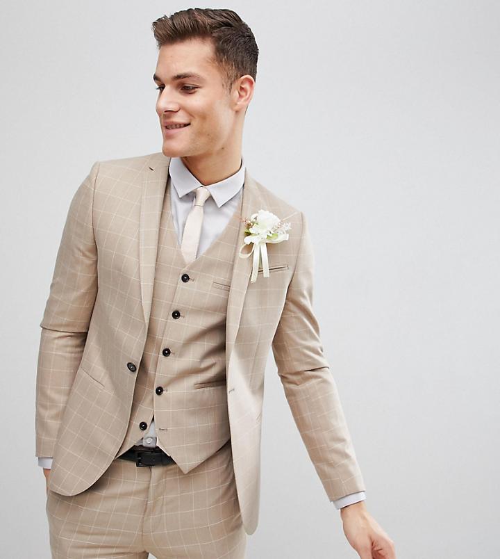 Noak Skinny Wedding Suit Jacket In Windowpane Check-beige