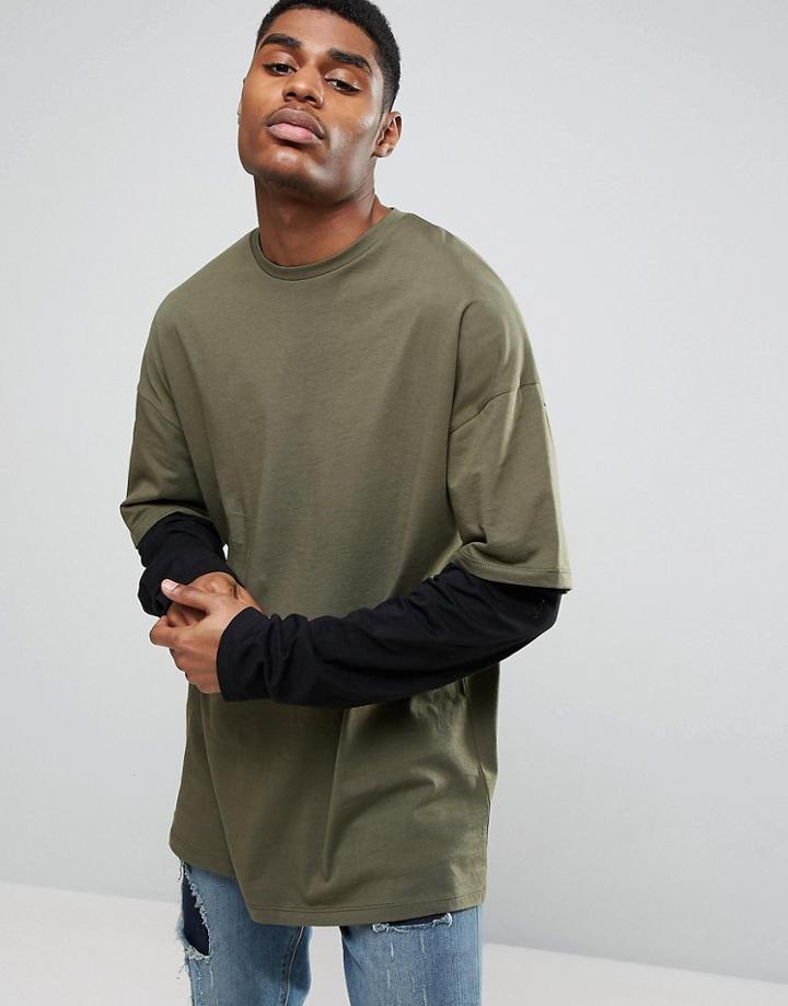 Asos Oversized Longline Long Sleeve T-shirt With Double Sleeve In Khaki/black - Multi