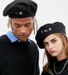 Collusion Unisex Cord Beret With Embroidered Slogan - Black
