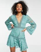 Love Triangle Lace Mini Dress With Flare Sleeves In Pistachio-green