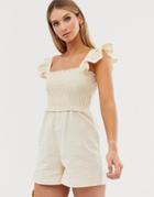Asos Design Shirred Romper With Frill Sleeve - Beige
