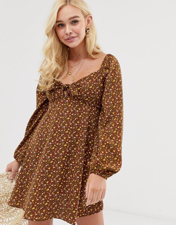 Gilli Floral Mini Dress With Tie Front Detail - Brown