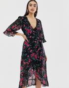 Fashion Union Plunge Front Midi Dress In Dobby Floral - Black