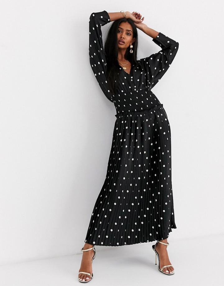 Asos Design Shirred Waist Pleated Maxi Dress In Spot-multi