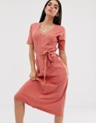 Asos Design V Neck Button Through Belted Midi With Pockets-red