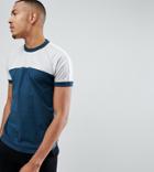 Asos Design Tall Longline T-shirt With Curved Hem And Contrast Yoke - Navy