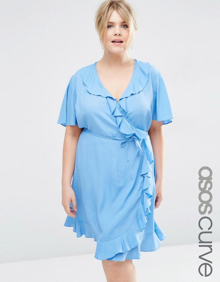 Asos Curve Mini Wrap Dress With Frill - Blue