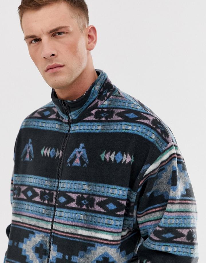 Asos Design Festival Oversized Track Top In Geo-tribal Fleece - Blue