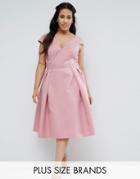 Chi Chi London Plus V Neck Midi Dress With Cap Sleeve - Pink