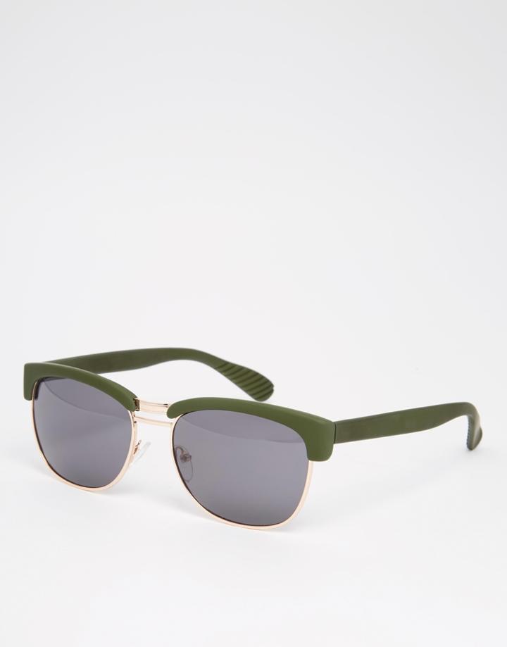 Asos Retro Sunglasses In Rubberised Khaki - Khaki