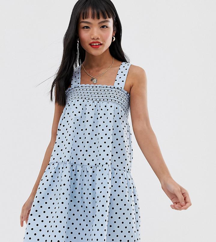 Asos Design Petite Shirred Trapeze Mini Cotton Sundress In Spot-multi