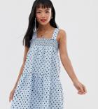 Asos Design Petite Shirred Trapeze Mini Cotton Sundress In Spot-multi