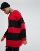 Mennace Oversized Sweater In Grunge Stripe - Red