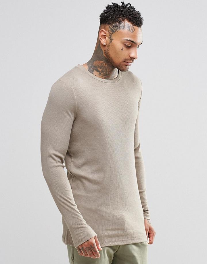Asos Rib Longline Muscle Long Sleeve T-shirt In Off Beige - Beige