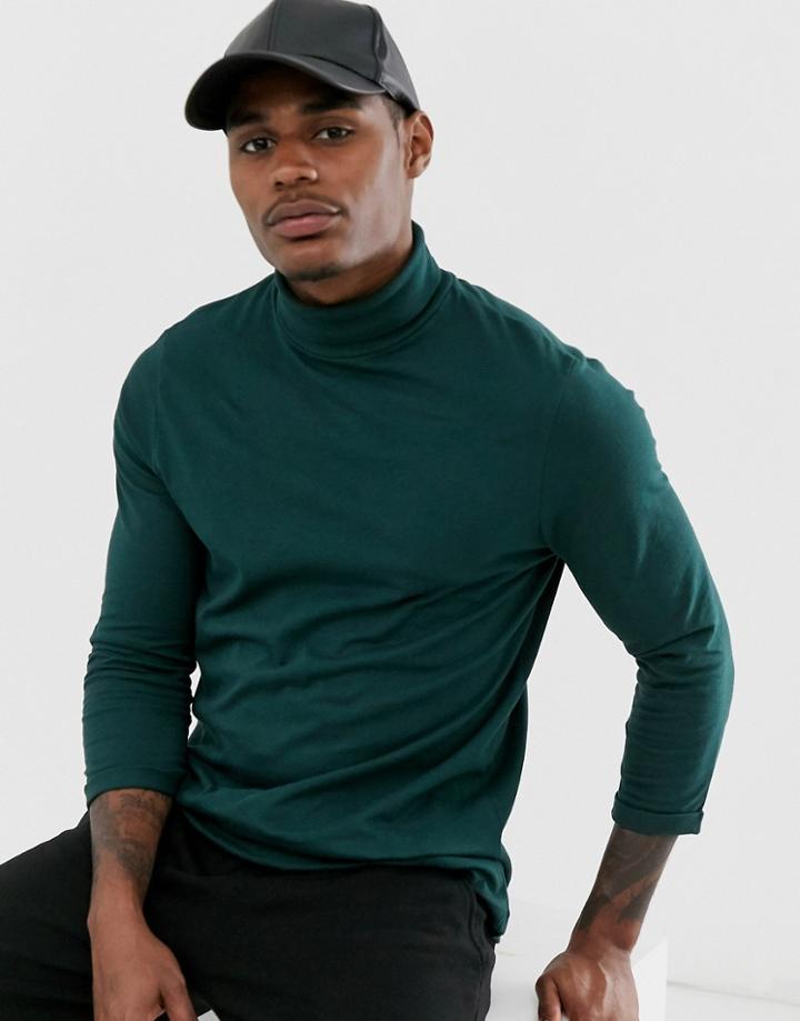 Asos Design T-shirt With 3/4 Sleeve With Roll Neck In Green
