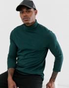 Asos Design T-shirt With 3/4 Sleeve With Roll Neck In Green