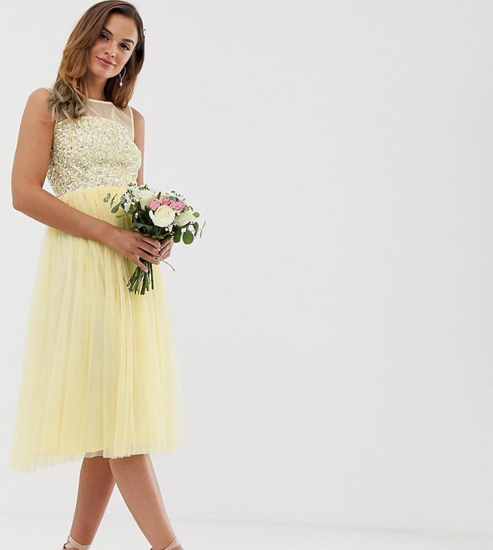 Maya Bridesmaid Mesh Top Delicate Sequin Midi Dress In Lemon - Yellow