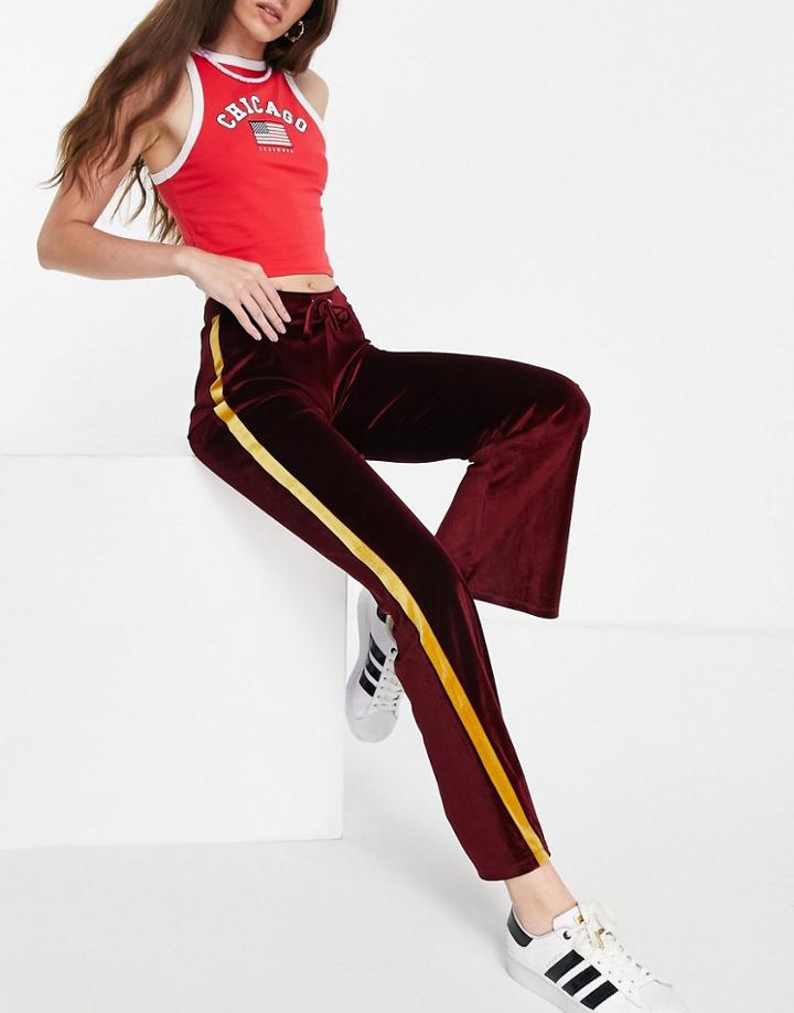 Asos Design Velour Flare Pants With Varsity Side Stripe In Burgundy-red