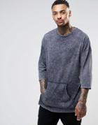 Asos Oversized 3/4 Sleeve T-shirt With Acid Wash And Kangaroo Pouch - Black