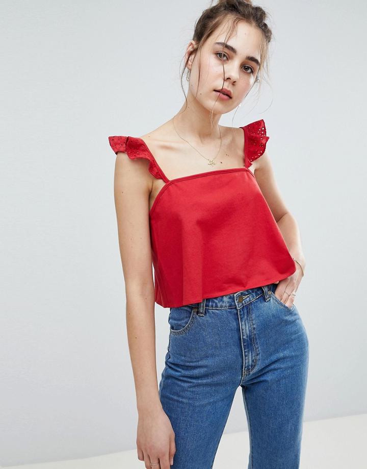 Asos Design Crop Cami Top With Broderie Ruffle Sleeve - Orange