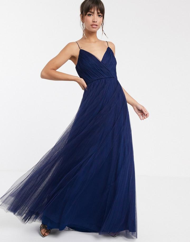Asos Design Cami Pleated Tulle Maxi Dress-navy