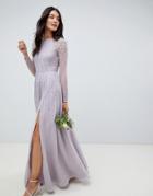Asos Design Bridesmaid Maxi Dress In Delicate Linear Sequin With Long Sleeves - Gray