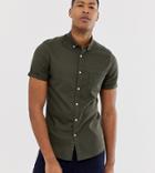 Asos Design Tall Stretch Slim Denim Shirt In Khaki-green