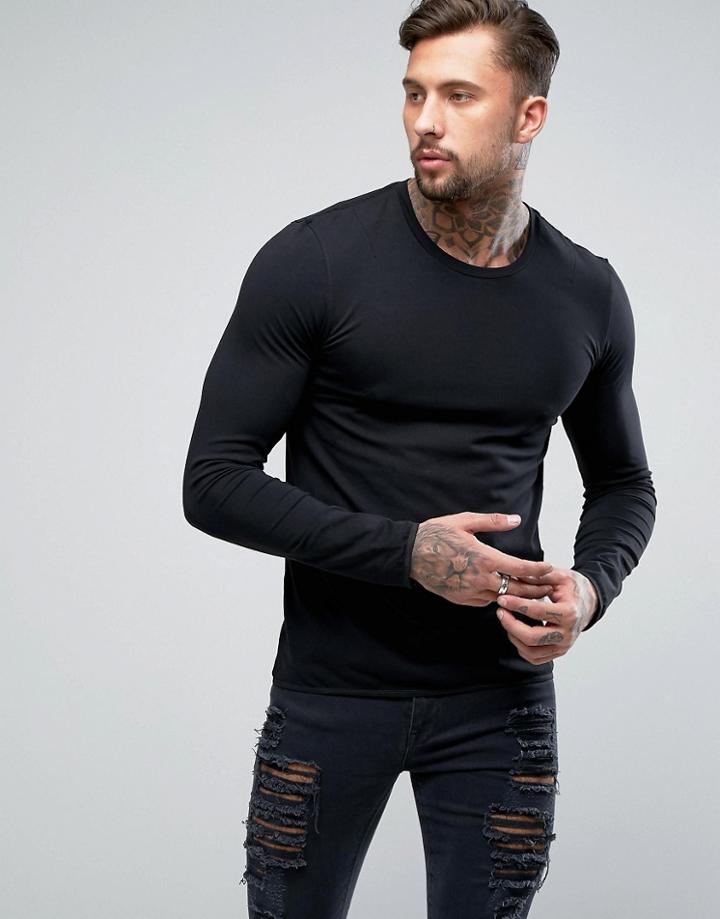 Religion Longline Muscle Fit Long Sleeve Top With Thumb Hole - Black