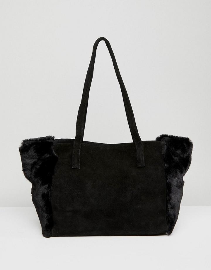 Urbancode Black Suede And Faux Fur Shopper - Black