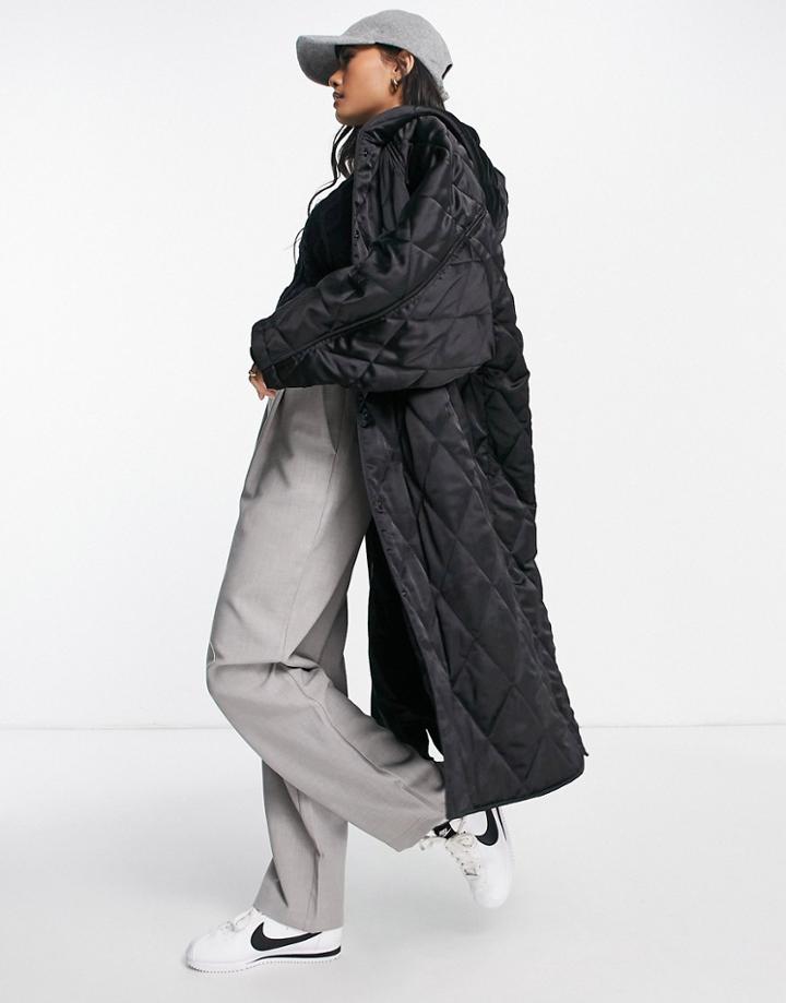 Topshop Satin Quilted Hooded Parka In Black