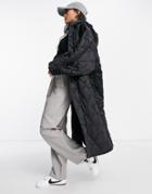 Topshop Satin Quilted Hooded Parka In Black
