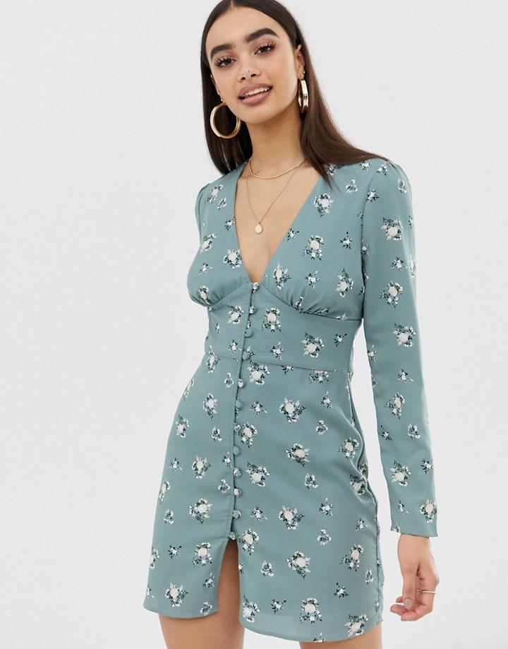 Fashion Union Button Front Dress In Ditsy Floral - Green