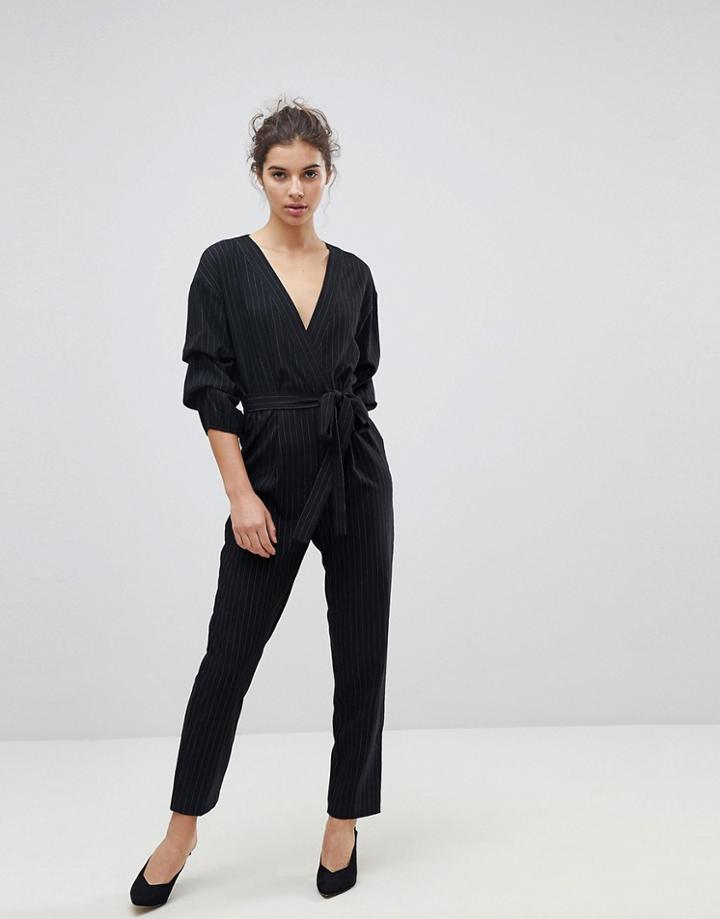 Miss Selfridge Pinstripe Ruched Sleeve Belted Jumpsuit - Multi