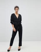 Miss Selfridge Pinstripe Ruched Sleeve Belted Jumpsuit - Multi