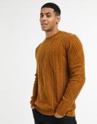 Asos Design Lambswool Cableknit Crewneck Sweater In Tobacco-brown