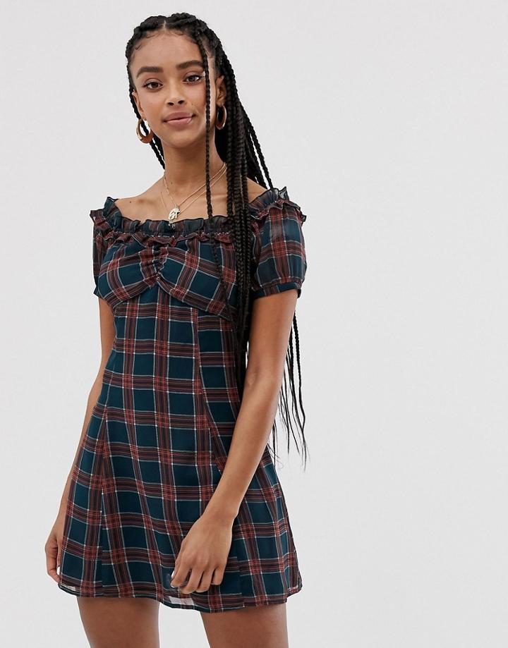 Wild Honey Bardot Mini Dress In Check-navy