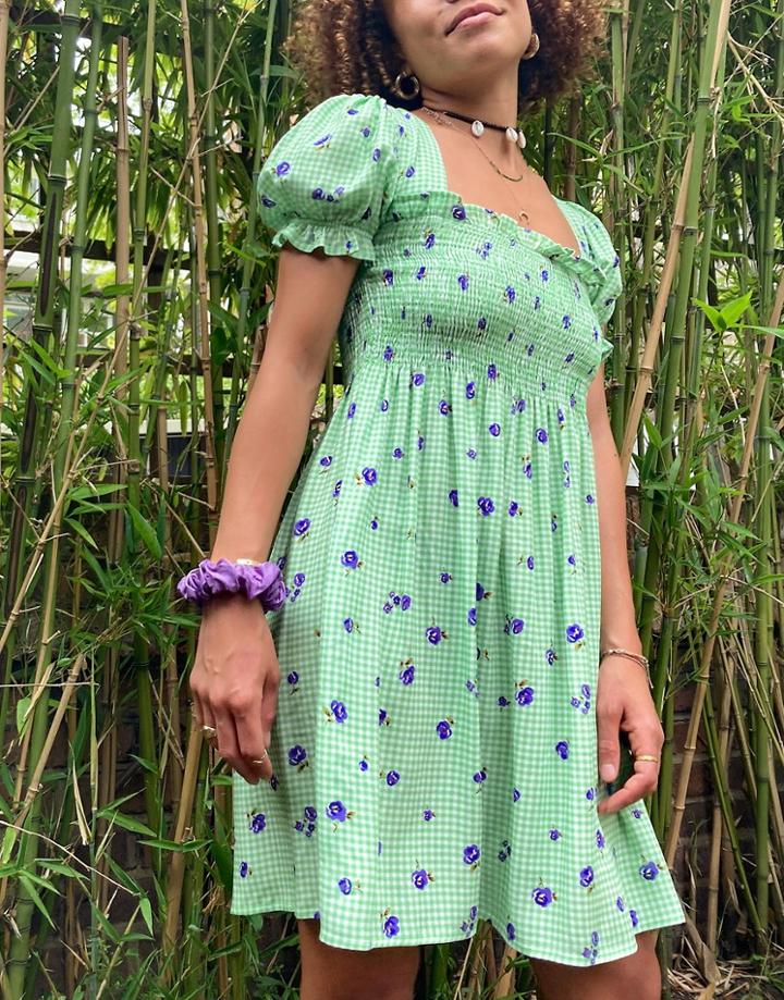 Stradivarius Square Neck Shirred Mini Dress In Green Gingham