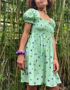 Stradivarius Square Neck Shirred Mini Dress In Green Gingham