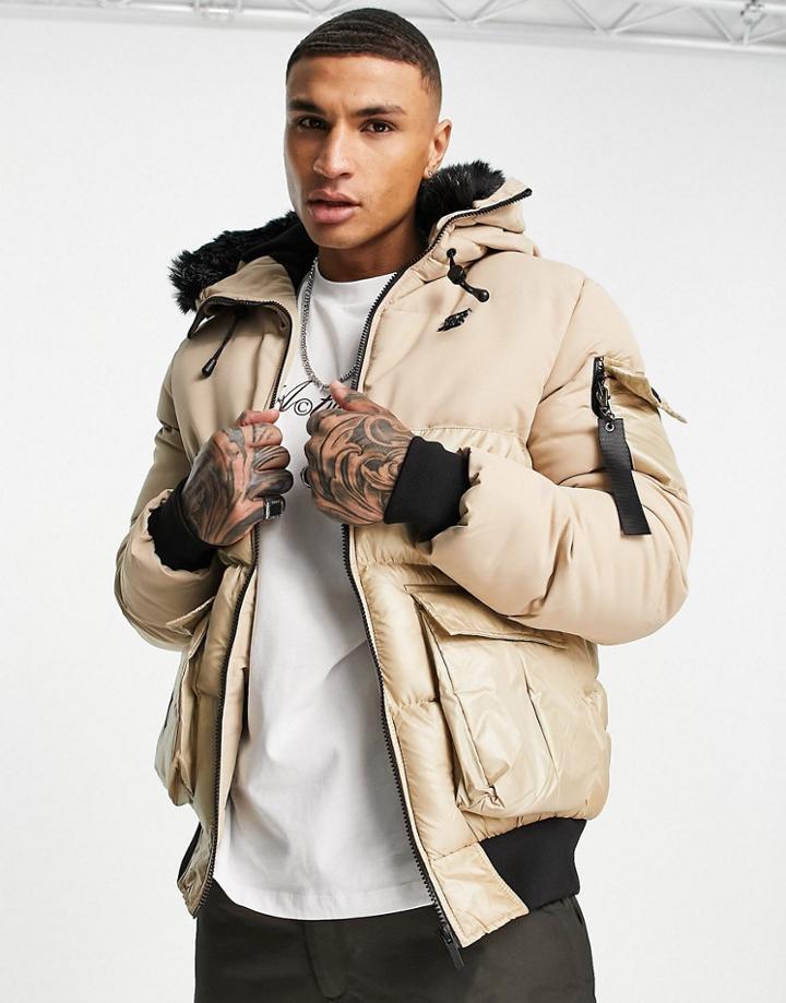 Siksilk Distance Padded Jacket With Faux Fur Hood In Beige-neutral