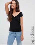 Asos Petite Top With Wrap Front And Cap Sleeves - Black